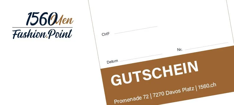 Gutschein des 1560men fashion.point mit Feldern für Betrag, Datum und Nummer und der Adresse Promenade 72